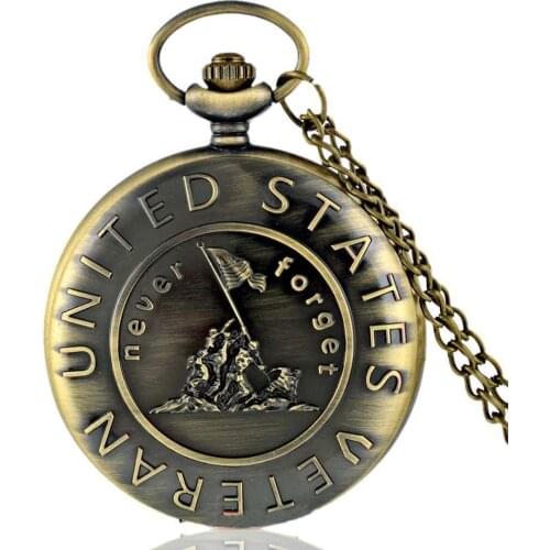 Vintage US Veteran Army Bronze Pocket Watch Quartz Necklace Pendant Antique Gift