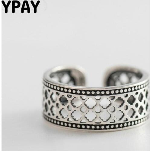 YPAY Vintage Hollow Finger Rings for Women Ladies Genuine 925 Sterling Silver Open Adjustable Ring Fine Jewelry Gifts YMR212