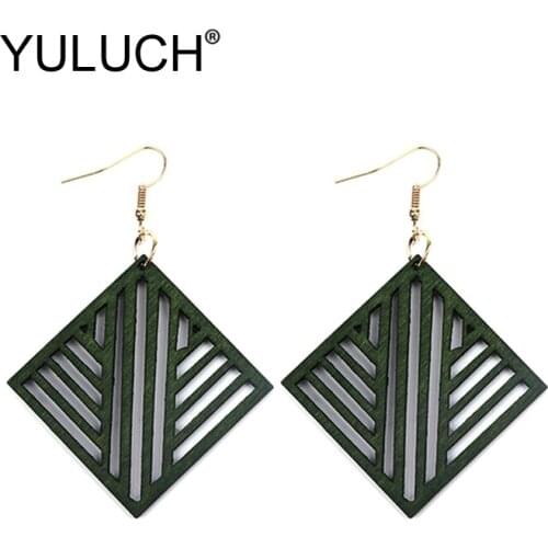 YULUCH Pop Lady Green Hollow Wood Geometric Drop Earrings Fashion Jewelry 2019 Ethnic African Indian Hanging Earrings For Women