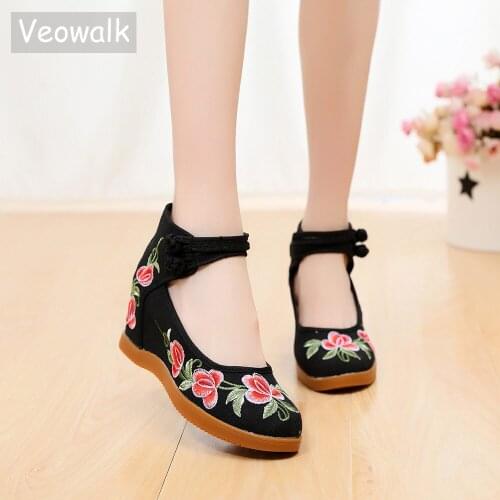 Veowalk Women Canvas Embroidered Hidden Wedge Platform Shoes, Denim Med Heel Sneakers Retro Ladies Comfort Cotton Pumps