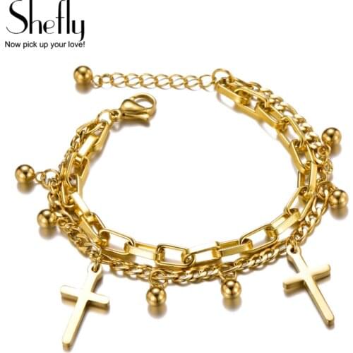 Luxury Gold Jewelry Bracelet Multilayer Chain Cross Beads Charm Stainless Steel Bracelets For Women pulseras 2019