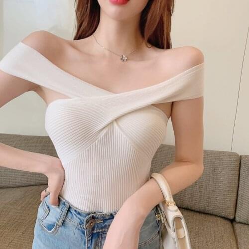 Knit Top Camis Women Knitting Off Shoulder Tank Crop Tops Girls Knitted Camisole Sleeveless Short Tee Shirts For Woman Clothes