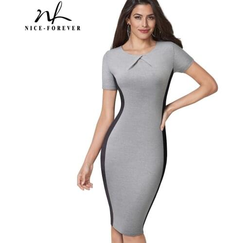 Nice-forever Brief Vintage Contrast Color Patchwork Work vestidos Business Party Bodycon Office Women Sheath Dress B495