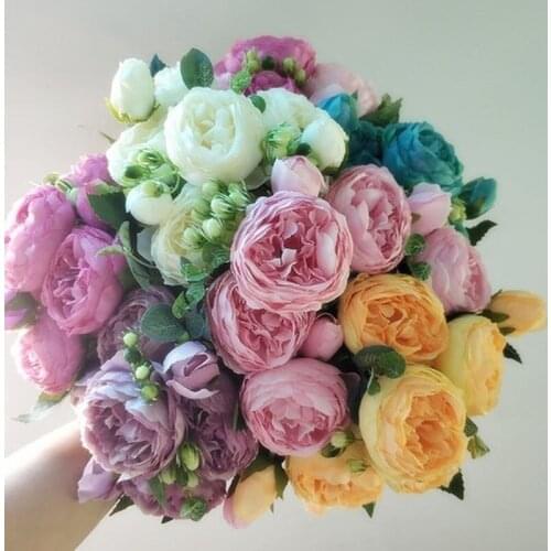 1 Bundle 9 Big Head Silk Peony Bouquet Home Decor Accessories DIY Artificial Roses Flowers Party Wedding Fake Plants Pompons