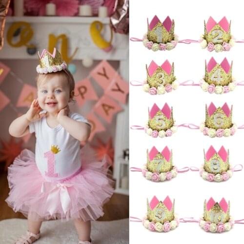 1Pcs 1 -10 Year Old Birthdady Crown Headband Happy Birthday Party Hat Princess Hairband Caps Flower Girl Hair Accessory Supplies