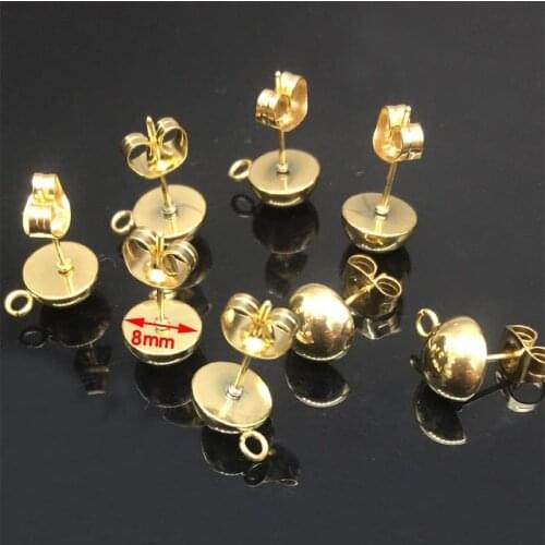 20pcs/lot Stainless Steel Silver Gold Stud Earrings Findings 8mm Circle Half Ball with Loop Earrings post Settings DIY Crafts