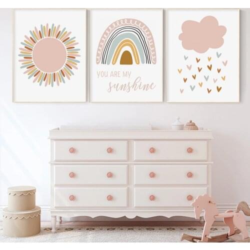Boho Pink Rainbow Clouds You Are My Sunshine Nursery Poster Canvas Painting Print Girl Wall Art Picture for Kids Room Home Decor