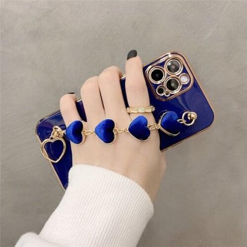 Plating Love Heart Chain wrist Strap Phone Case For iphone 12 11 Pro max Mini Xr X Xs MAX 7 8 Plus SE 2020 Bracelet Back Cover