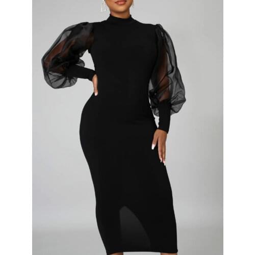 Black Bodycon Women Dress Patchwork Mesh Long Lanter Sleeves Slit Mid-length Slim Dresses 2021 Elegant Fashion Female Vestidos