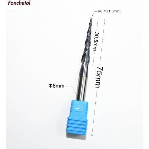 1PCS-6mm*R0.75*30.5*75L,CNC tungsten solid carbide milling cutter,wood cutting tools,taper ball nose woodworking engraving