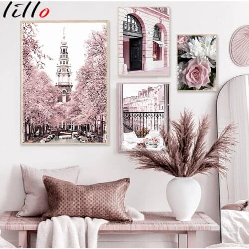 City building landscape wall art poster canvas print modern rose flower picture house decoration nordic painting poster for dorm