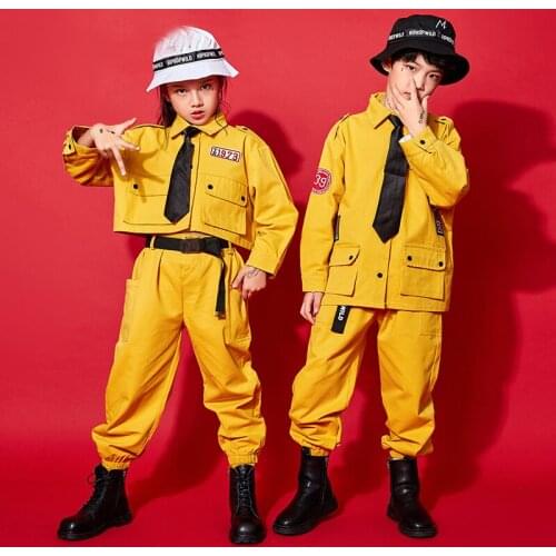 Street Dance Outfit Children Hip Hop Costumes Overalls Shirt Pants Yellow/Army Green Suit Jazz Performance Clothing Rave BL5949