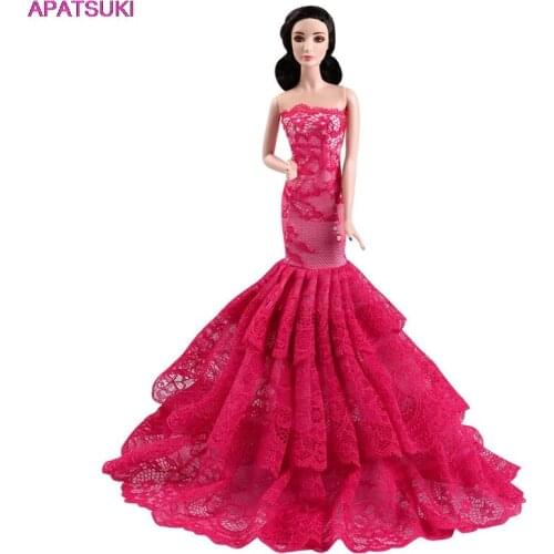 Red Lace Wedding Dress for Barbie Doll Clothes Fishtail Outfits Party Gown Clothing Handmade DIY Toys for Children 1/6