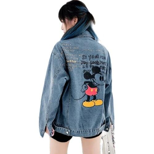 Disney Mickey Minnie Mouse Denim Jacket for Women Fall Korean Fashion Loose Coat Long Sleeve Outerwear Jacket Women Veste Femme