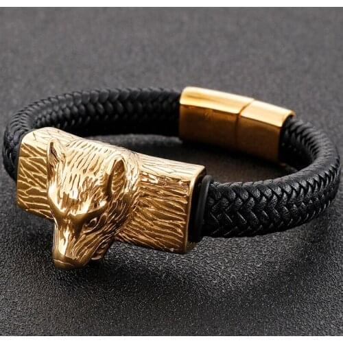 Gold Color Wolf Head Mens Bracelet Stainless Steel Genuine Leather Braided Wristband Punk Homme Armbanden Magnet Clasp Bangles