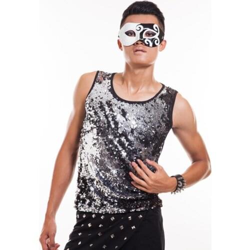 Grey sequins round collar Singer stage sequins mens vest men pullover brand roupas masculinas sexy tank 1 camisetas regatas