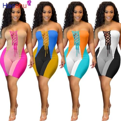 HAOOHU Patchwork Bodycon Playsuit Bandage Hollow One Piece Club Outfits Women Summer Clothes Sexy Off Shoulder Shorts Rompers