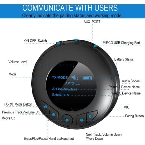 Bluetooth V5.0 Transmitter for TV with RCA AUX Audio Out, Portable Adapter for Home Stereo PC Car Speaker, Pair Two