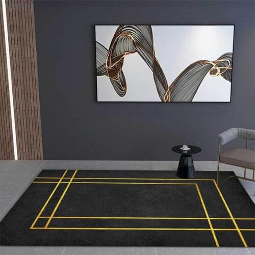 Nordic Style Luxury Black Carpet With Golden Line Geometric Carpet Bedside Table Living Room Bedroom Rug Machine Washable Mat