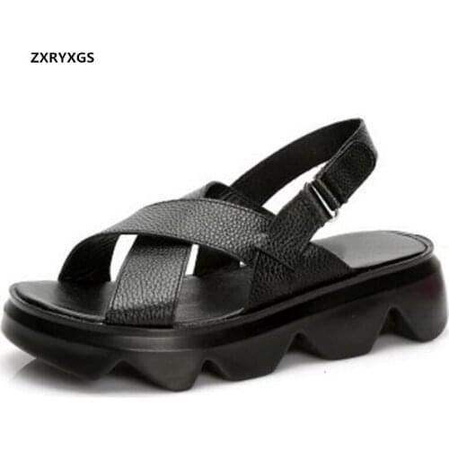 2021 New Summer Open Toe Sandals High Quality Genuine Leather Sandals Flat Platform Non-slip Shoes Women Casual Sandals Black