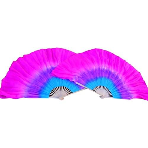 1L+1R Belly Dancing Silk Short Fans 36cm Bamboo+14/24cm Silk Veil Two Layers Gradient Color Dancing Performance Silk Short Fans
