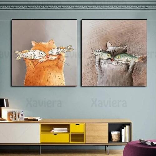 Nordic Modern Wall Art Canvas Painting Cartoon Cute Cat Love Eat Fish Square Poster and Print for Kids Room Nursery Decor Unfram