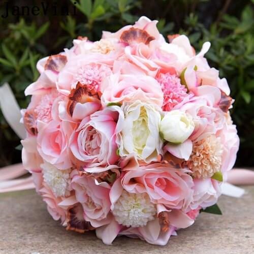 JaneVini Decoration Mariage Crystal Pink Wedding Bouquet Silk Flower Bride Artificial Wedding Bouquets Bridal Ribbon Ivory Peony
