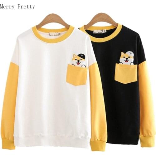 Womens Cartoon Dog Embroidery O-Neck Hoodies Sweatshirt With Pocket Tracksuit 2021 Spring Long Sleeve Casual Pocket Pullovers