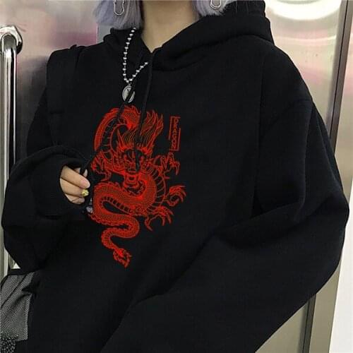 Streetwear hoodie vintage women Chinese dragon print hooded sweatshirt winter new Oversize loose womens Harajuku hip hop hoodie