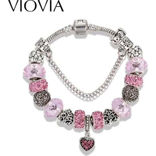 VIOVIA 2019 European Heart Charm Bracelets Cute Pink Stone For Women Pink Crystal Beads Bracelets & Bangles DIY Jewelry B16066