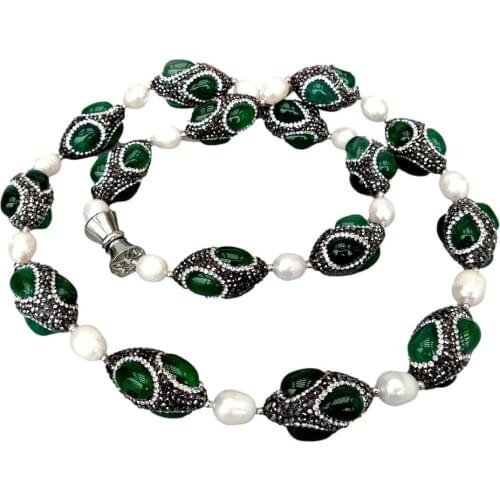 Y.YING Cultured White Rice Freshwater Pearl Green Agate Black Rhinestone Pave choker Necklace 32"