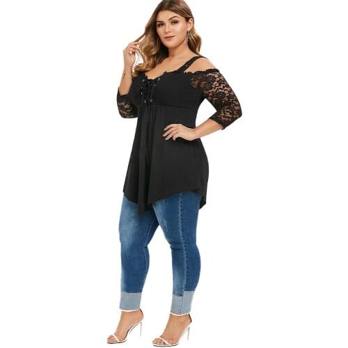 6XL Plus Size Women Shirt Off Shoulder Ladies Tops Lace Long Sleeve Black Blouses Shirt Casual Irregular Streetwear femme D25