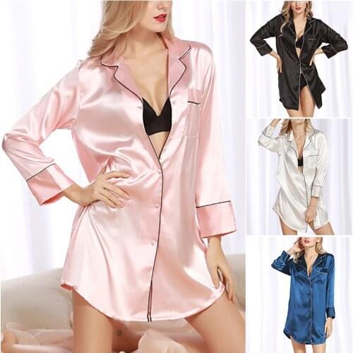 Womens Nightgown Long Sleeve Sleepwear Comfy Sleeping Silks Shirt Lapel Erotic Nightshirt for Summer Ultra Light XIN-Sh
