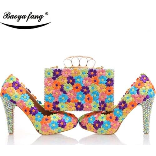 BaoYaFang Multicolor flower shining crystal womens platform wedding shoes with matching bags Clutches high heels female Pumps