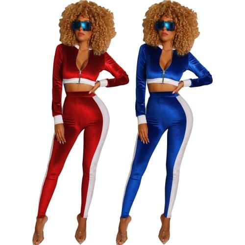 Color Block Patchwork Velvet Patchwork Tracksuit Women Casual Zipper Long Sleeve Crop Top + Leggings Slim Two Piece Set Sporty