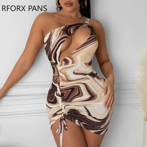 Women One Shoulder Hollow out Ruched Mini Bodycon Party Sexy Dress