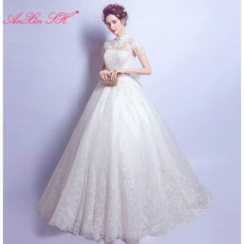 AXJFU luxurious lace wedding dress hangs the neck crystal flower princess wedding dress bride flower wedding dress 2102