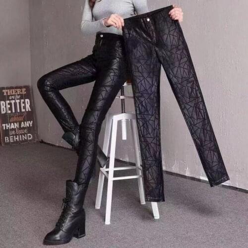 Winter Warm Women Pants Female PU Leather Velvet Trousers Elastic Pencil Skinny pants Womens Trousers