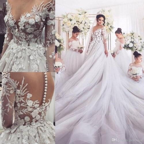 2020 Arabic Vintage Wedding Dresses Chapel Train Lace Appliques Tulle Garden Wedding Dress vestido de novia Sexy Bride Dress