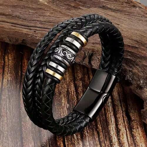 2021 Promotion Multi-layer Leather Stainless Steel Metal Luxury Mens Leather Bracelet Accessories For New Years Gifts