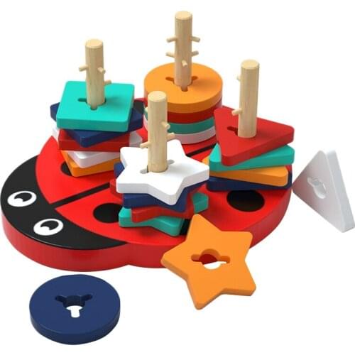 Wooden Geometric Shape Four Column Beetle Pattern Matching Game Kids Early Educational Learning Toys