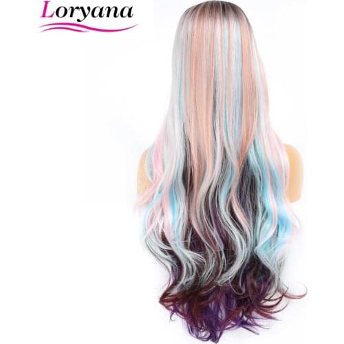 Loryana Long Synthetic Hair Mix Colorful Womens Wigs with Bangs Heat Resistant Synthetic Big Wave Wigs for Women Cosplay wigs