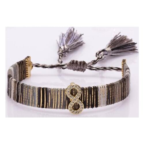 Ethnic boho mix cz paved number 8 sign cotton silk tassel band charm adjustable bracelet for woman