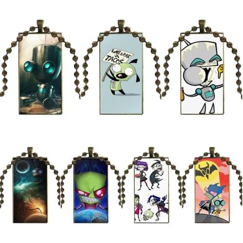 Gir Invader Zim For Women Men Vintage Jewelry Bronze Plated With Glass Cabochon Choker Long Pendant Rectangle Necklace