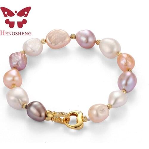 HENGSHENG 2019 new arrival 9-10mm baroque pearl bracelets for women, white pink purple colorful Baroque pearl with silver clasp