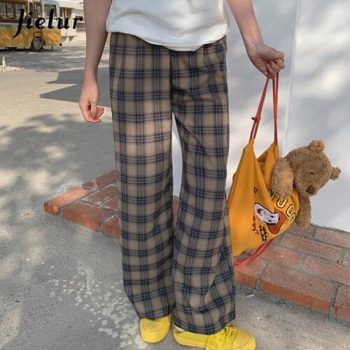 Jielur Harajuku Vintage Plaid Pants for Woman Fashion Long Womens Pants Casual Korean Elastic Waist Loose Streetwear Pantalons