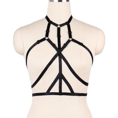 JLX.HARNESS Women body harness crop top Spandex Adjust Cage bra harness Sexy body stocking Goth harajuku harness belt hand made