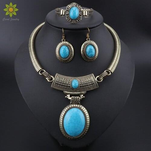 Womens Blue CZ Resin Stone Oval Shape Fashion Jewelry Sets Vintage Necklace Earrings Bracelet Rhinestone Sets