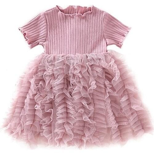 Baby Girls Summer Knitting Dress Pink Dark Gray Gauze Foreign Style Puffy Patchwork Cake Princess Wedding Party Birthday Dresses