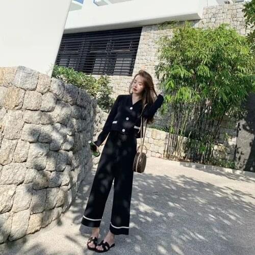 Fashion Elegant Short Cardigan knitted Two-Piece Sets Women knitting tops Wide Leg Pants suit Casual Loose trousers Tracksuit